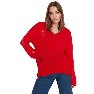 Trendyol Dames Regular Basic V-hals Gebreide Trui, Rood, S