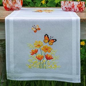 Vervaco Gestempelde Tafelloper Kruissteek Kit 16""X40""-Oranje Bloemen en Vlinders -V0187941