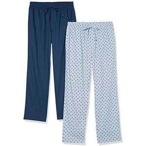 Amazon Essentials Katoenen popeline pyjamabroek voor heren, volledige lengte, set van 2, ijsblauwe flamingo/indigo, XX-Small