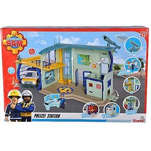 Simba 109251097 - Brandweerman Sam politiestation, speelfiguur roos, garage voor politieauto, geluid en licht, gevangeniscel, alarmfunctie, helikopterlandplaats, lift, veel accessoires, vanaf 3 jaar