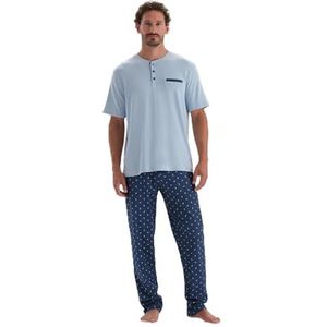 Dagi Gedetailleerde pyjamaset met korte mouwen voor heren, halfplot, gebreid T-shirt en broek, pyjamaset, Blauw, S