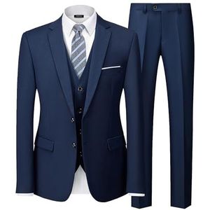 MY'S 3-delig slimfit pak voor heren, blazer met 2 knopen en stropdas, effen trouwjurk, tux en broek, diepblauw, XL