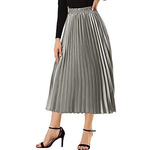 Allegra K Women Pleated Skirt Midi Length Elastic High Waisted A Line Metallic Shirring Party Skirts X-Large Silver Grey
