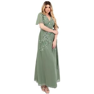 Maya Deluxe Maxi-jurk voor dames, V-hals, korte engelenmouwen, wikkeljurk, pailletten, verfraaid, chiffon, stropdas, avondgelegenheid, baljurk, Diepe munt, 48