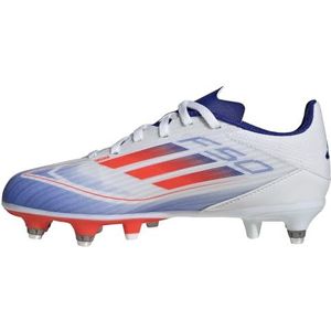 adidas F50 League voetbalschoenen voor kinderen, uniseks, stevige grond, Wolk Wit Zonne Rood Lucide Blauw, 28 EU