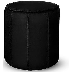 Gestoffeerde, ronde poef 42x45 cm - in velours zwart stof, met decoratieve verticale stiksels - fauteuil voetensteun, kruk, kruk voor woonkamer, hal, slaapkamer, kantoor