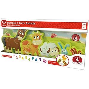 Hape Numbers & Farm Animal Puzzle Double-Sided Wooden Jigsaw Game for Kids 10-Piece, Multi-Coloured
