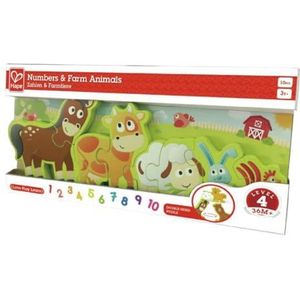 Hape Numbers & Farm Animal Puzzle Double-Sided Wooden Jigsaw Game for Kids 10-Piece, Multi-Coloured