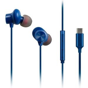 Panasonic RP-TCM225DEA USB-C oortelefoon, in-ear oordopjes, bedrade hoofdtelefoon met ingebouwde microfoon en afstandsbediening, krachtige bas, aanpasbare pasvorm, 1,2 m kabel, blauw