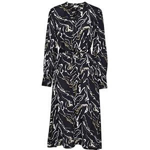 KAFFE Dames midi Dress Tie Waist Printed Lange Mouwen Casual, Zwart/Wit/Groen Marbel Print, 38