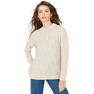 Trendyol Dames Crew Neck Kabel Knit Regular Sweater Sweater, Beige, S, Beige, S