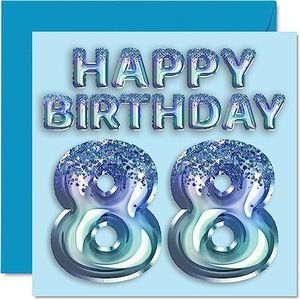 88e verjaardagskaart voor mannen - blauwe glitter feestballon - gelukkige verjaardagskaarten voor 88-jarige man overgrootvader opa papa Gran, 145 mm x 145 mm achtentachtig achtentachtigste wenskaarten