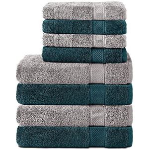 Komfortec Set van 8 handdoeken van 100% katoen, 4 badhanddoeken 70x140 en 4 handdoeken 50x100 cm, badstof, zacht, groot, zilver/petrol