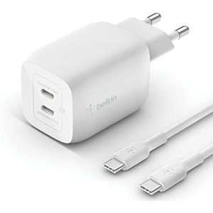 Belkin WCH013vf2MWH-B6 65W 2-poorts USB Type C-wandlader, inclusief C/C-kabel, snellader met Power Delivery 3.0 en GaN-technologie voor iPhone 13, 12, Pro Max, mini, iPad Pro, MacBook, Galaxy, Wit