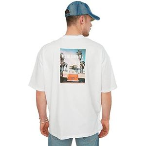 Trendyol Heren T-shirt met korte mouwen van de witte mannen bedrukte oversized fit 100% katoen T-shirt, wit, medium