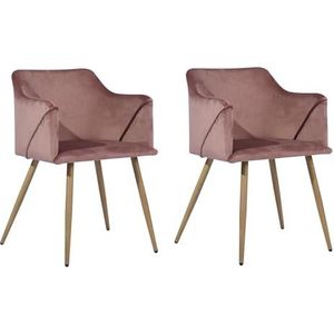 39F FURNITURE DREAM Set van 2 fluwelen stoelen met armleuningen, dikke sponsstoel, moderne vrijetijdsstoel voor eetkamer, woonkamer, stof, roze, 53 x 57,5 x 75 cm