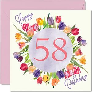 Mooie 58e verjaardagskaarten voor vrouwen - aquarel tulpen bloemen boeket - gelukkige verjaardagskaart voor haar oma oppas Gran moeder verjaardagscadeaus, 145 mm x 145 mm mooie bloemen wenskaarten cadeau