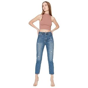 Trendyol Vrouwen blauw rafelen gedetailleerde hoge taille moeder jeans, Blauw, 64