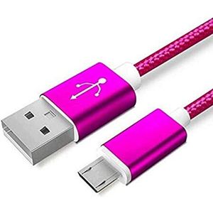 2 USB-kabel nylon micro USB voor Wiko Y80 Smartphone Android oplader aansluiting (roze)