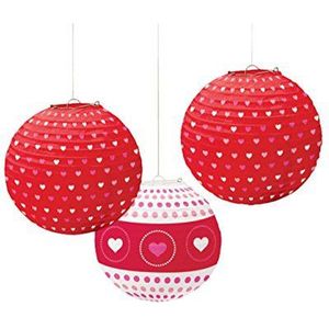 Amscan 240028 - lampionset hartjes, 3 stuks, diameter 24 cm, papier, hangdecoratie, Valentijnsdag, liefde