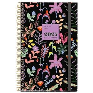 Miquelrius Kalender 2025, jaarplanner, 117 x 182 mm, dagoverzicht, omslag van gelamineerd karton, spiraalbinding, rubberen bandsluiting, papier 80 g/m², Spaans, Engels en Portugees, fantasy Garden