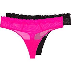 Smart & Sexy Women's Lace Trim & Mesh Panty 2 Packs Sexy Thongs & Cheeky Bikinis, Electric Pink/Black Hue Thong, 8