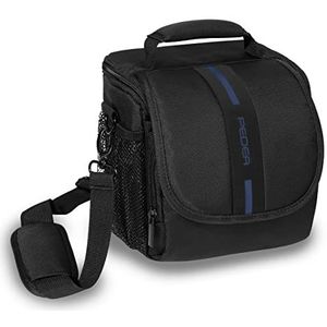 PEDEA DSLR-Kameratasche *Essex* Fototasche für Spiegelreflexkameras mit wasserdichtem Regenschutz, Tragegurt und Zubehörfächern, Gr. M schwarz/blau