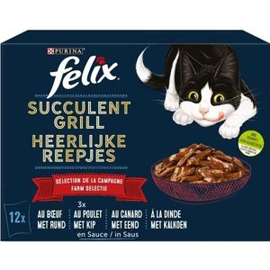 Felix Grill voor volwassen katten, sappig met rund/kip/eend/kalkoen in saus, 72 zakken, 12 x 80 g (6 stuks)