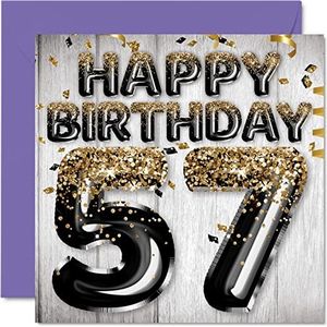 57e verjaardagskaart voor mannen - zwart & goud glitter ballonnen - gelukkige verjaardagskaarten voor 57 jaar oude man vader opa opa oma oma, 145mm x 145mm zevenenvijftig wenskaarten cadeau