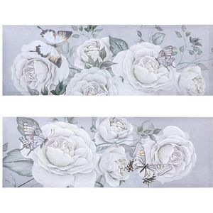 DRW Set van 2 rechthoekige canvasafbeeldingen met bloemen en vlinders, handbeschilderd, grijs en wit, 3 x 120 x 40 cm