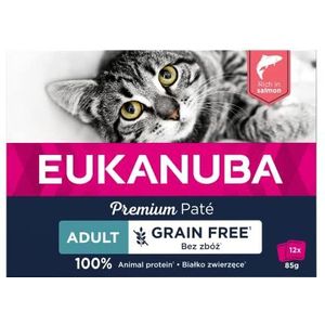 EUKANUBA Graanvrij* premium kattenvoer met zalm - natvoer voor volwassen katten van 1 jaar, 12 x 85 g