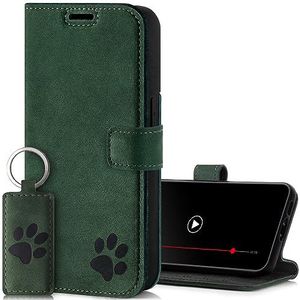 SURAZO Wallet telefoonhoes voor Apple iPhone 15 Pro, lederen beschermhoes met pootmotief, RFID-klaphoes, magneet, standfunctie, kaartenvak, flip cover, case, donkergroen