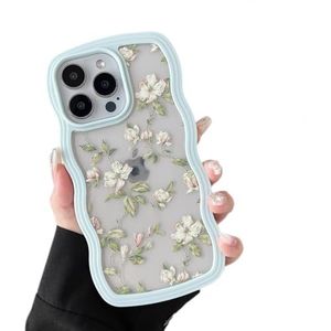 ZTOFERA Bloemen hoesje voor iPhone 13 Pro Max 6,7 inch, schattig krullend golf framevorm hoesje met groen blad bloemenpatroon voor vrouwen en meisjes, transparant, zacht, slank, schokbestendig