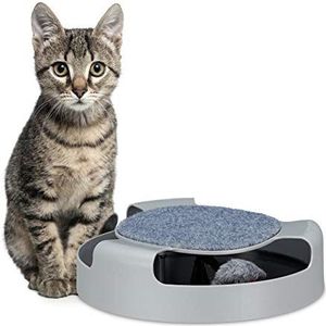 Relaxdays kattenspeelgoed, kattenspeeltje met muis, krabplank, tegen verveling, interactief, HxD 7x25.5 cm, grijs