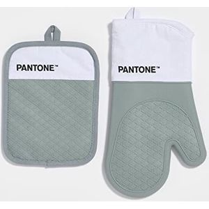 Pantone™ kookset bestaande uit ovenhandschoen + pannenlappen, van katoen met antislip siliconen handvat, nuttig keukenaccessoire, hittebestendig tot 250 °C, wit/grijs