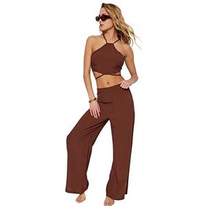 Trendyol Dames vrouw effen geweven tweedelige set shirt, Bruin, 40