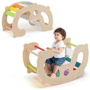 FANTASK Klimboog, klimrek voor binnen voor kinderen vanaf 1 jaar, 2-in-1 houten klimdriehoek en hobbelpaard, multifunctionele indoor speelplaats boogwip