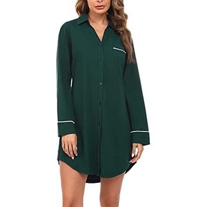 Doaraha Nachthemden dames zomer pyjama V-hals korte mouwen katoen nachtkleding knoopsluiting nachthemd avondhemd met knopen, Donker Groen, XL