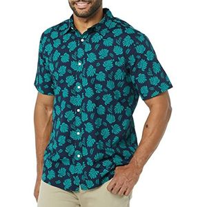 Amazon Essentials Heren Slim-Fit Poplin Shirt met korte mouwen, marineblauw groenblauw palmblad print, medium