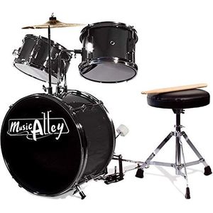 Music Alley DBJK02-MR driedelig drumstel voor kinderen voor kinderen met cymbal pedaal, drumkruk en drumsticks, metallic, zwart