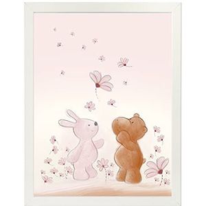 Nattou Poster met fotolijst, haas en nijlpaard, Ca. 40 x 30 cm, Susie en Bonnie, wit/roze/bruin
