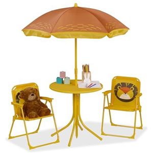Relaxdays tuinset kinderen, met parasol, leeuw, 2 klapstoeltjes en tafel, strand, camping, tuin, kindertuinset, geel