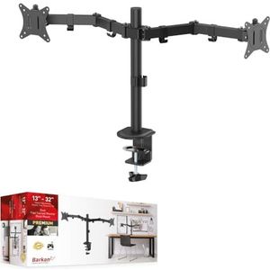 Barkan Dubbele monitor bureausteun voor platte/gebogen schermen maten 13-32 inch, volledige beweging - 5 bewegingen, ergonomisch, 360 graden rotatie, touch & tilt, houdt tot 8 kg x 2, doorvoergat