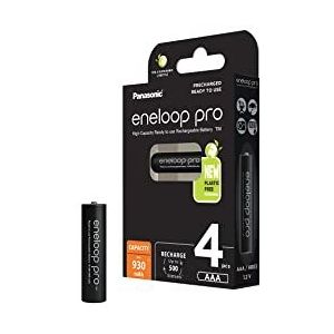 Panasonic BK-4HCDE/4BE eneloop pro Ready-to-Use Ni-MH batterijen, AAA/Micro,min. 930 mAh, levensduur van 500 laadcycli, met geringe zelfontlading, oplaadbare in plasticvrije verpakking,4-pack,zwart