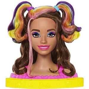 Barbie Pop, Luxe Kappop, Barbie Eindeloos Lang Haar, golvend bruin haar in neon regenboogkleuren, poppenhoofd om te stylen, Color Reveal accessoires HMD80