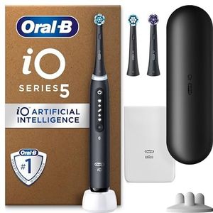 Oral-B iO5 Zwarte Elektrische Tandenborstel, 3 Opzetborstels, 1 Reisetu i, Etui Voor De oplader,Opzetborstel Houder