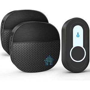 SURFOU Draadloze deurbel, bereik van 400 m, voor buiten, waterdicht, draadloze deurbel, zender met batterijen met 55 beltonen, 5 volumes, led-knipperen, zwart (2 ontvangers + 1 zender)