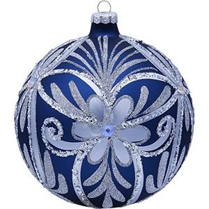 VITBIS Glazen bol voor kerstboomversiering, unieke bol, handgeschilderd, unieke kerstdecoratie, diameter 15 cm, in donkerblauw met mat oppervlak en rijke zilveren versiering