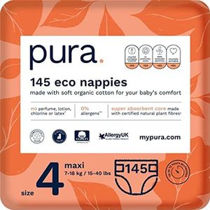 Pura Eco-vriendelijke Baby Peuter Luiers Maat 4 (Maxi 7-18 kg) Maandpak 5 x 29 per pak, 145 Luiers, EU Ecolabel, Gemaakt van Biologisch Katoen, tot 12 uur Lekbescherming