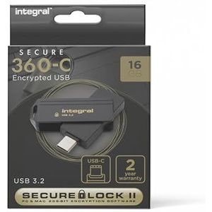 Integral Veilige 360-C 16GB software-gecodeerde USB-flashdrive - USB-C-connector - 256-bits AES-codering - Compatibel met Mac, MacBook, PC, laptop